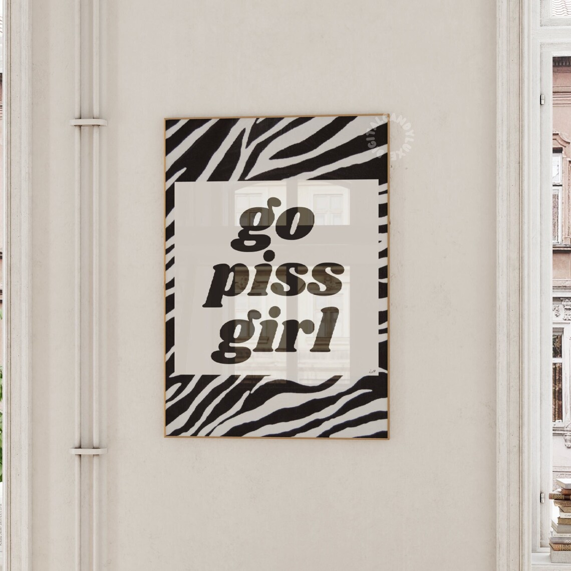 Go Piss Girl Zebra Bathroom Art Print, Retro