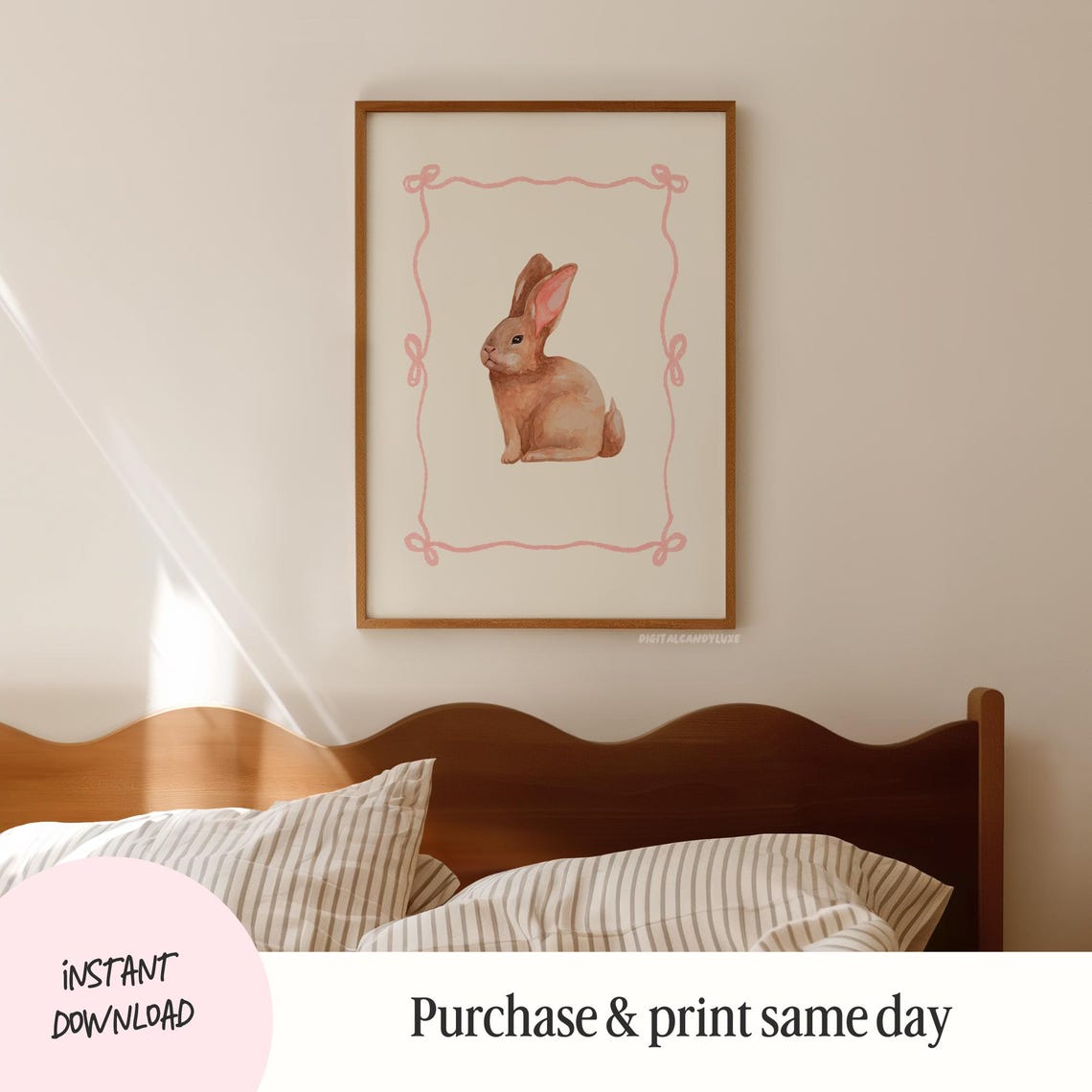 Brown Bunny Watercolor Pink Bow Coquette Nursery Animal Poster - Image 3