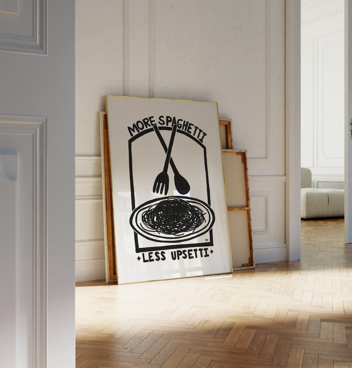 More Spaghetti Less Upsetti Funny Black White Kitchen Poster