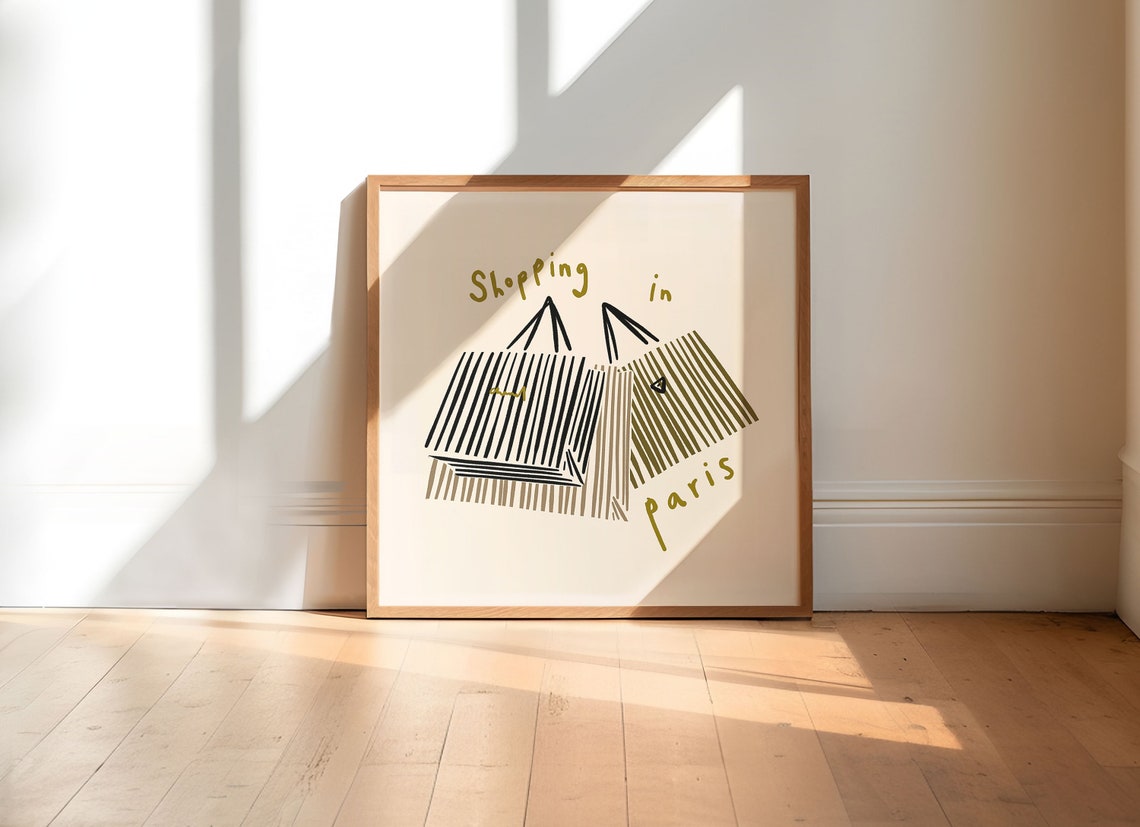 Shopping in Paris Striped Bags Playful Typography Art Wall Poster