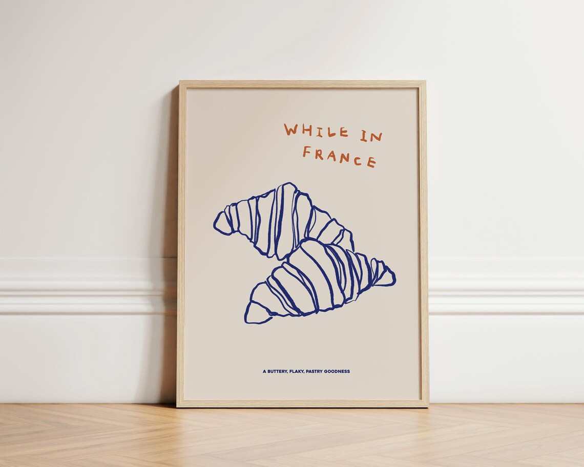 While in France Croissant Line Drawing Blue Minimalist Kitchen Wall Print