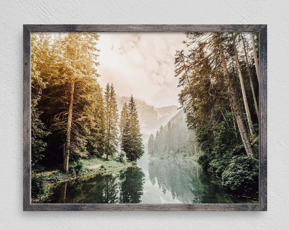 Minimalist River Art Print, Rustic Cabin Forest