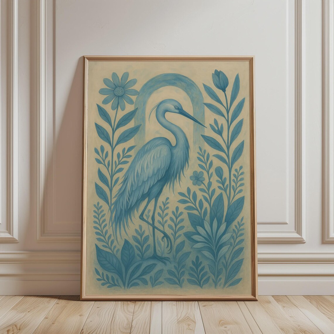 Blue Heron Botanical Bird, Floral Boho Poster