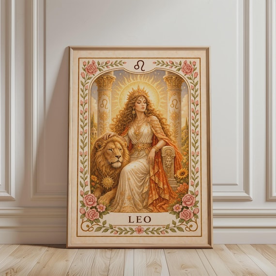 Spiritual Wall Art Leo Zodiac Print Boho Floral Astrology Mystic Botanical Vintage Poster For Celestial Home Decor