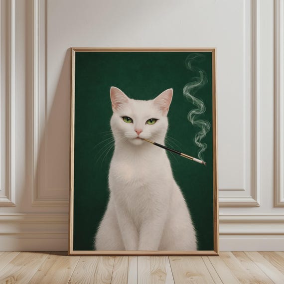 Vintage Wall Art Elegant Smoking White Cat Retro Print Minimalist Quirky Funny Animal Poster For Kitchen Bar Cart Decor