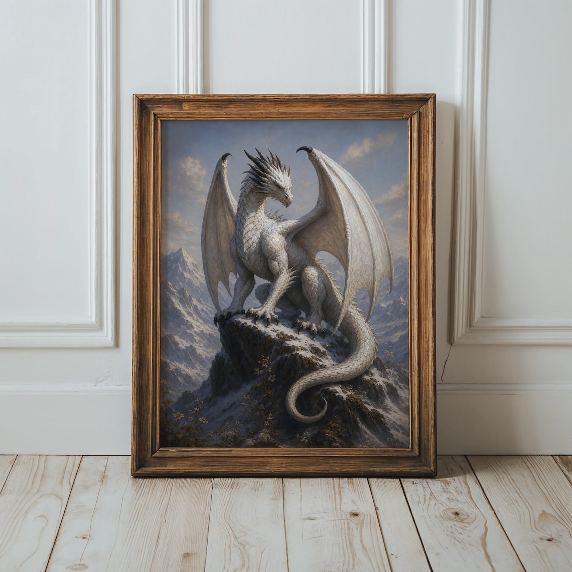 Majestic White Dragon On Snowy Mountain Peak Epic Fantasy Creature Poster