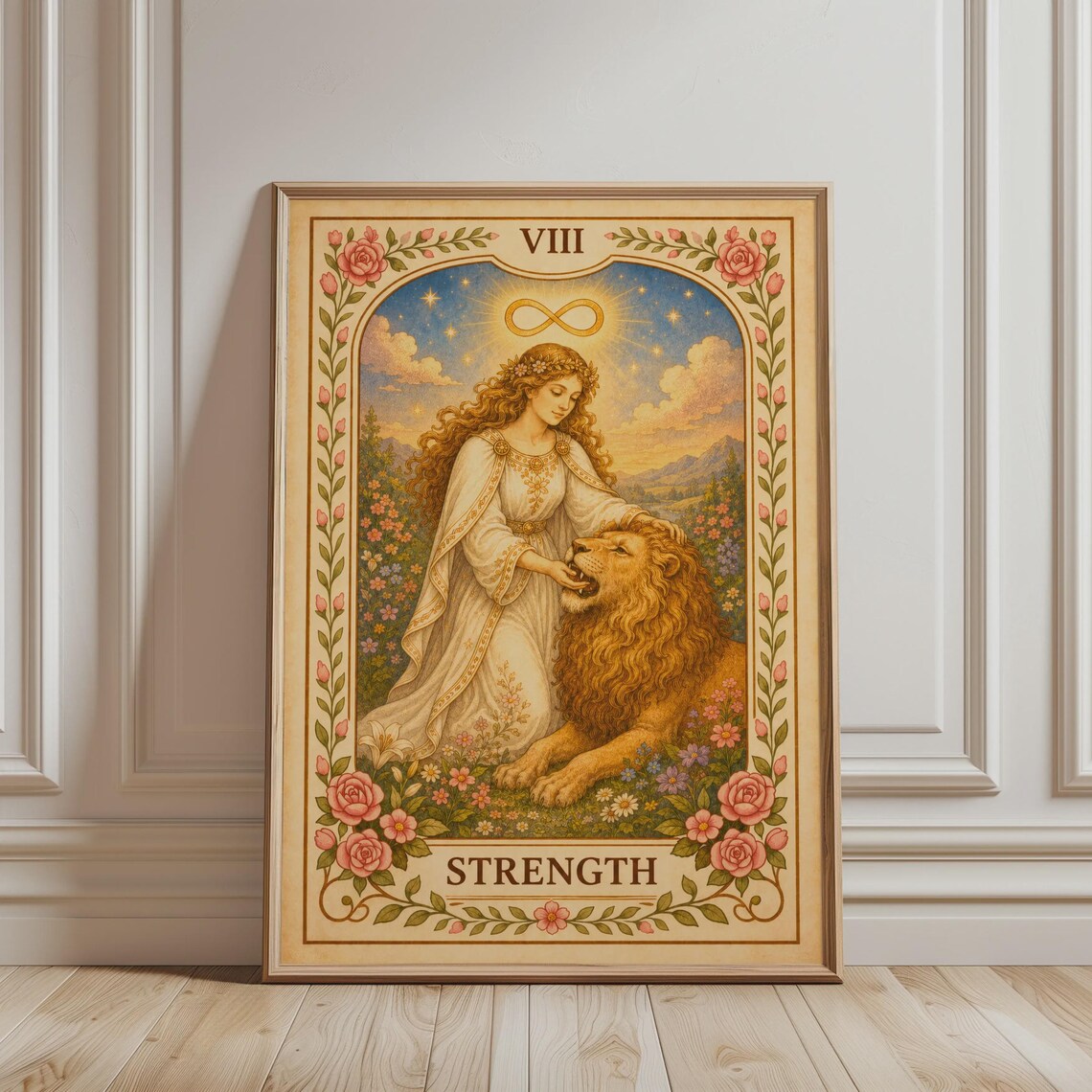 Strength Tarot Card Art VIII Woman With Lion Floral Boho Poster