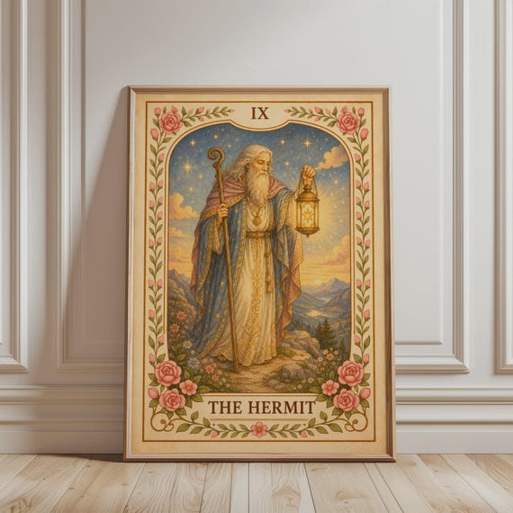 Spiritual Wall Art 9 The Hermit Tarot Card Print Floral Bohemian Major Arcana Mystic Botanical Vintage Poster Celestial Home Decor