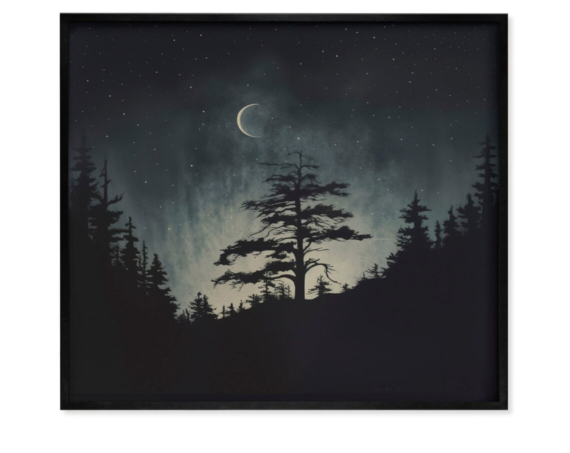 Dark Moody Landscape Painting, Crescent Moon Art Print - Image 2