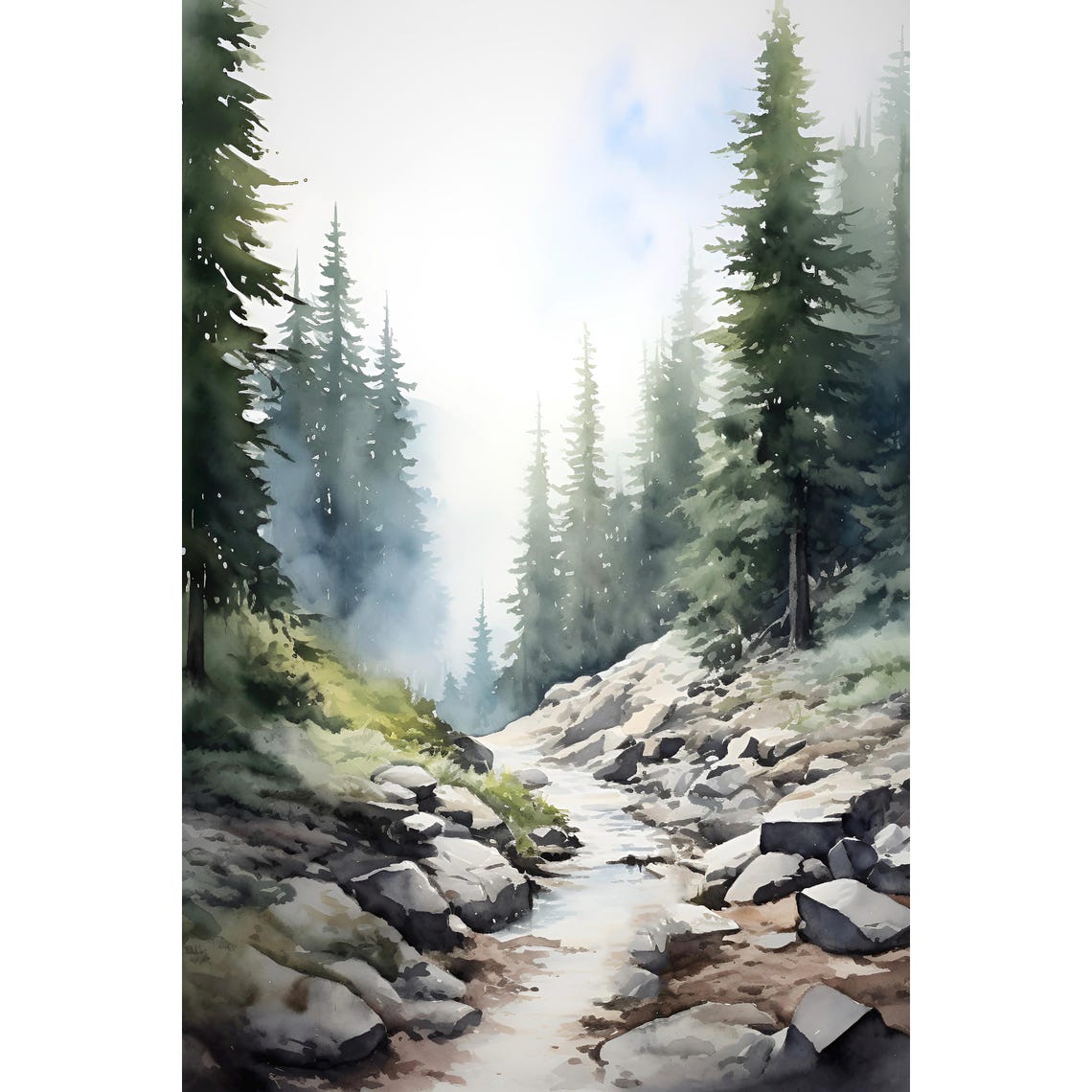 Umpqua National Forest Oregon Misty Evergreen Stream Watercolor Poster