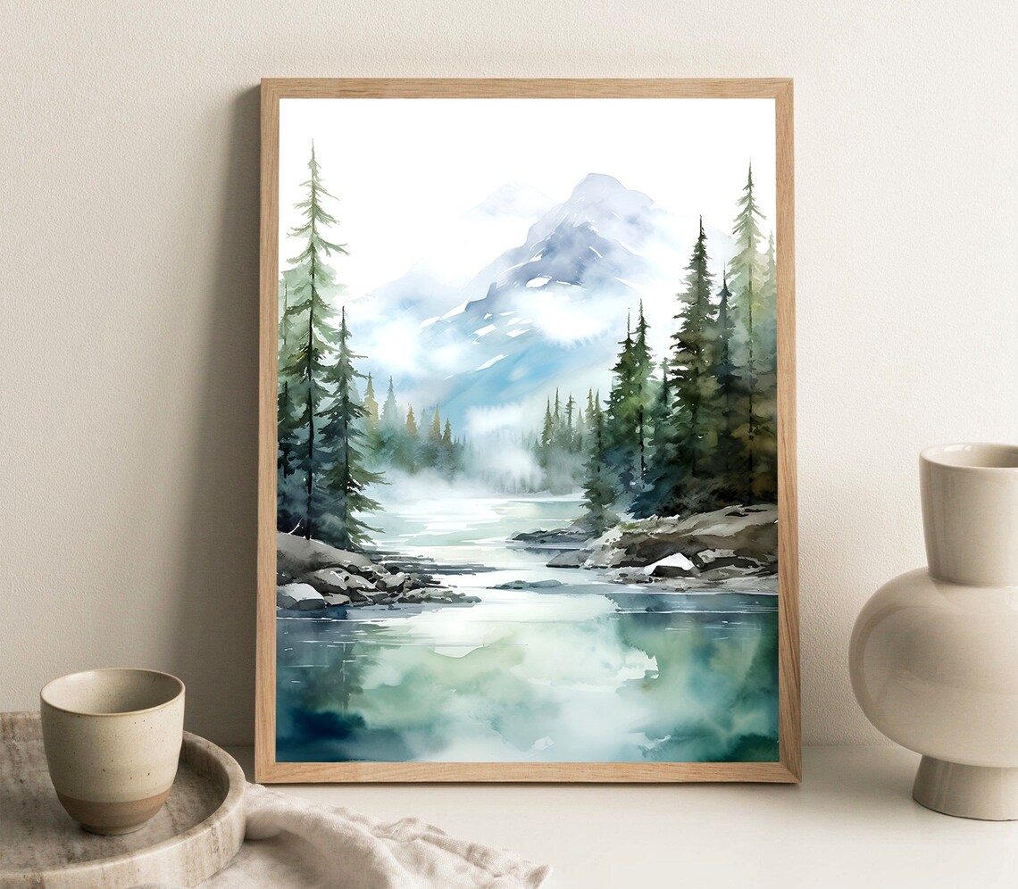 Mountain Forest Lake Minimalist Wall Art Print - Image 2