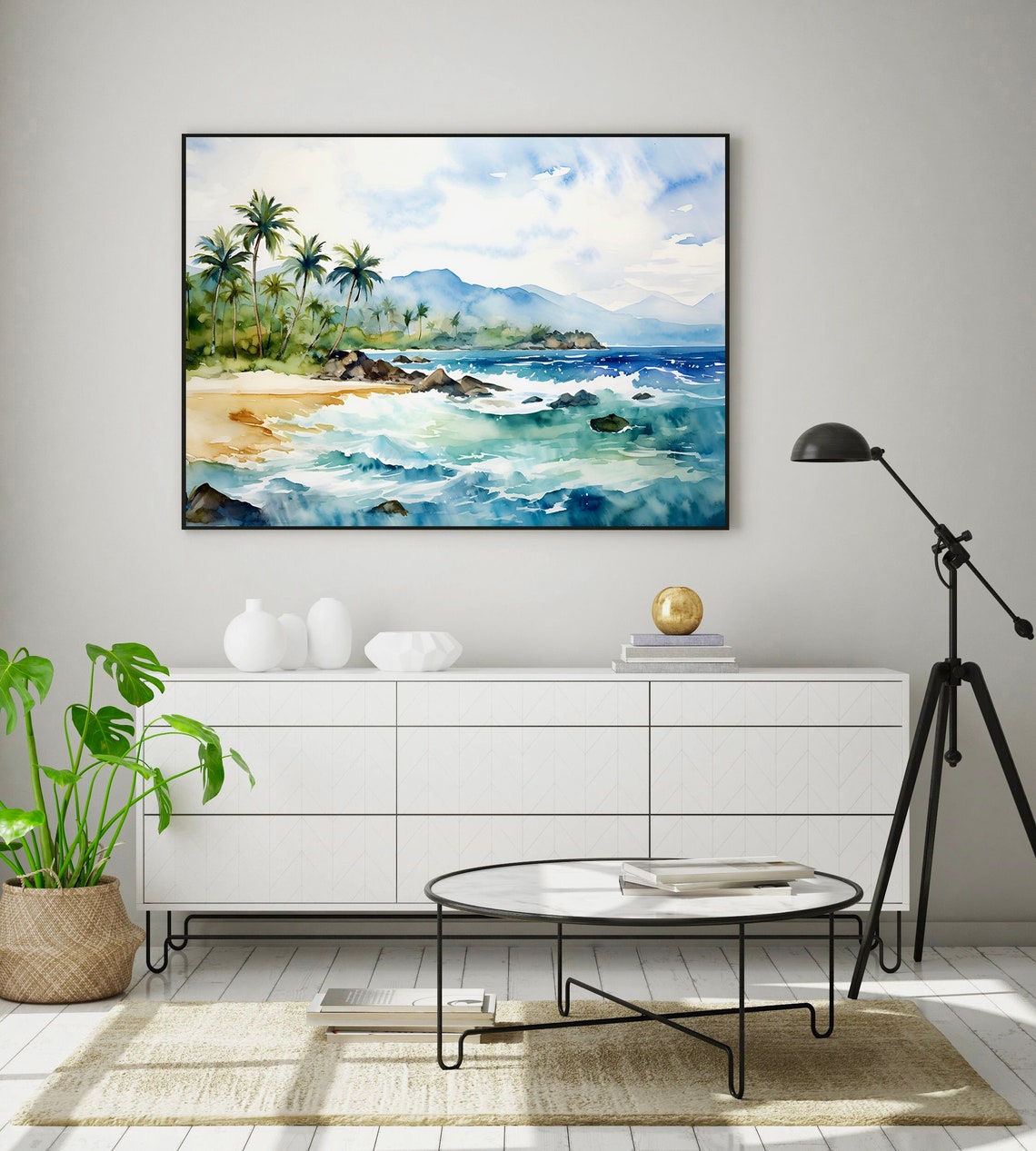 Tropical Palm Beach Turquoise Surf Ocean Mountains Watercolor Poster - Image 4