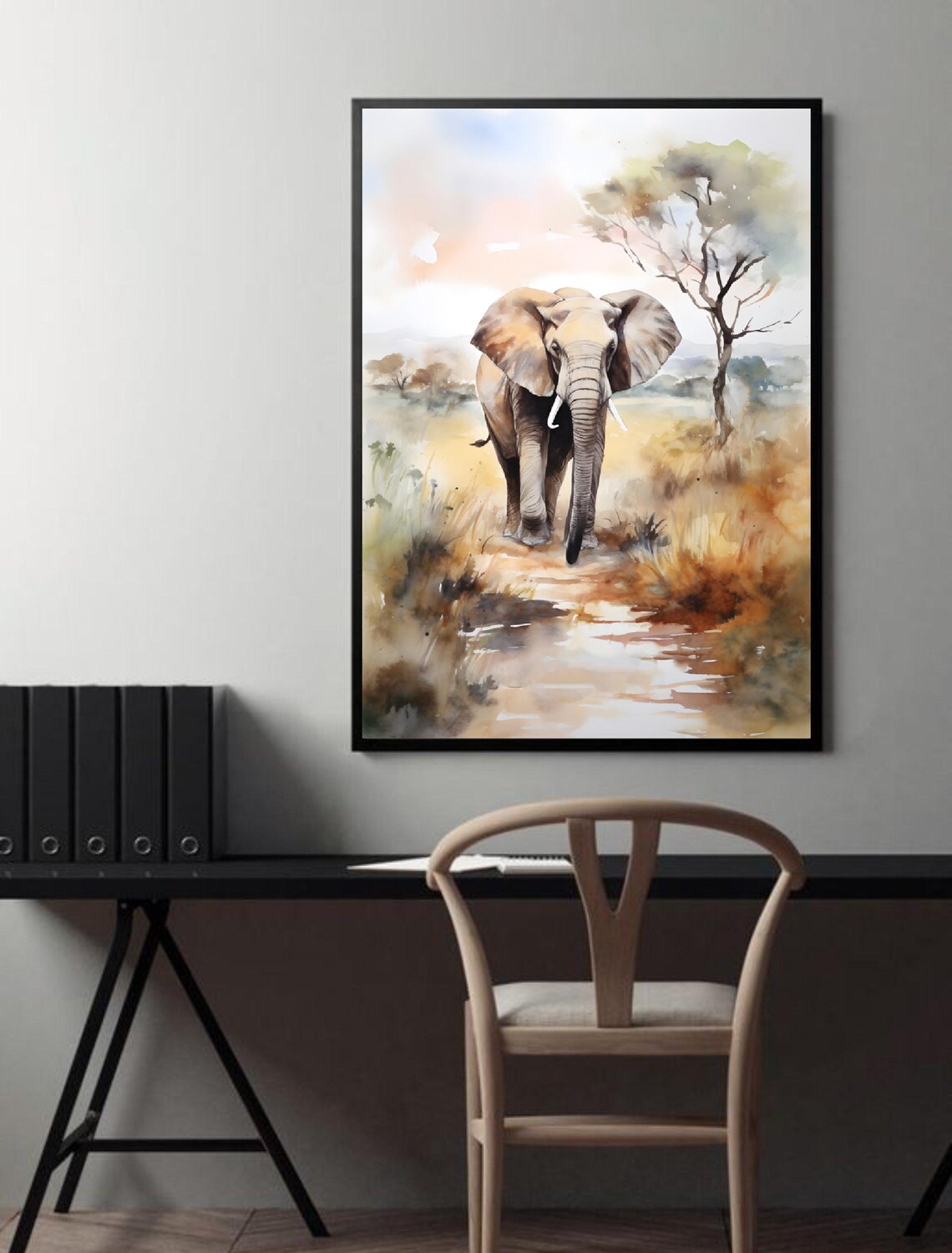 African Landscape Elephant Watercolor Art Print - Image 4