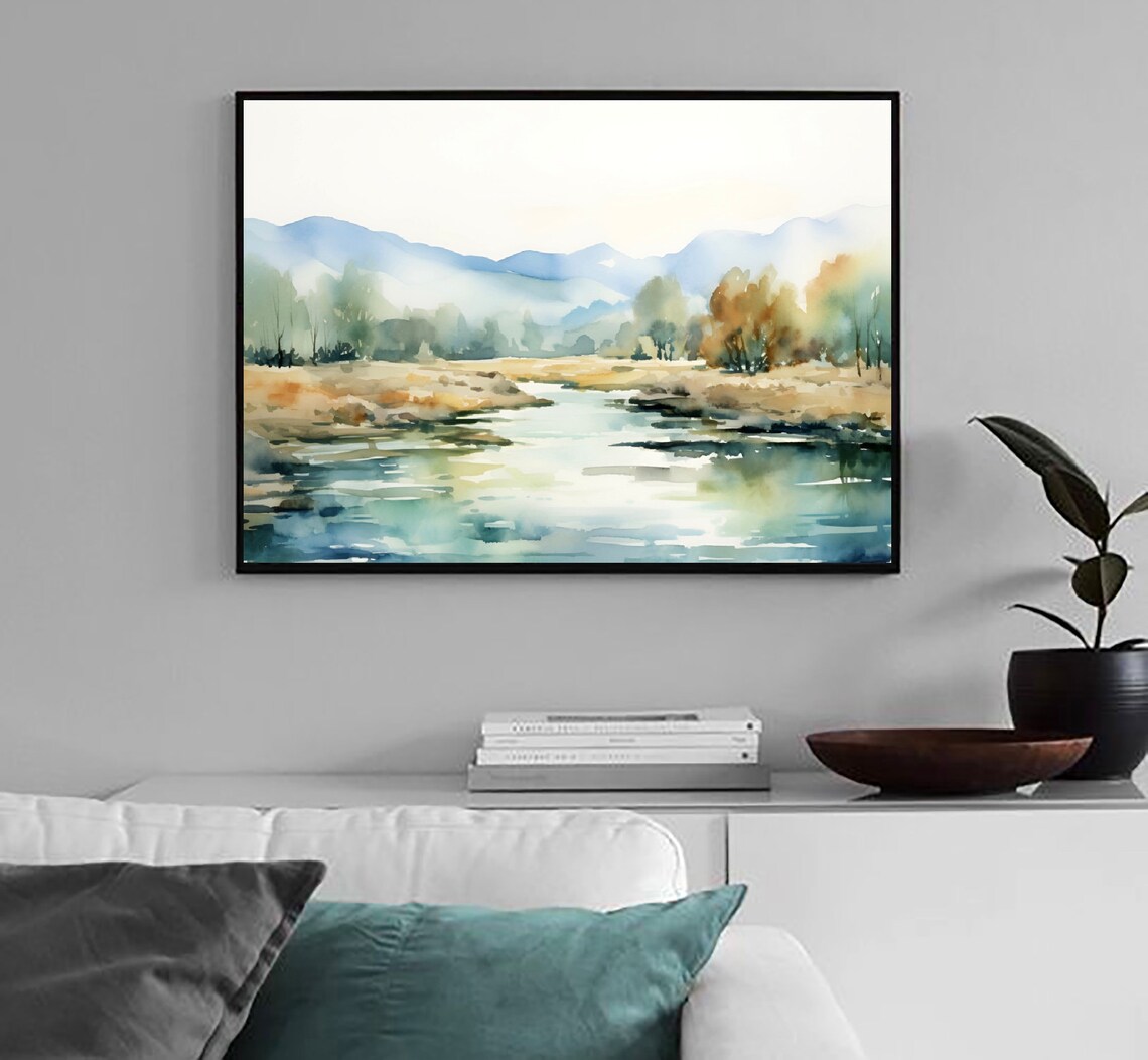 Watercolor Landscape Abstract Art Print, Lake Trees - Image 2