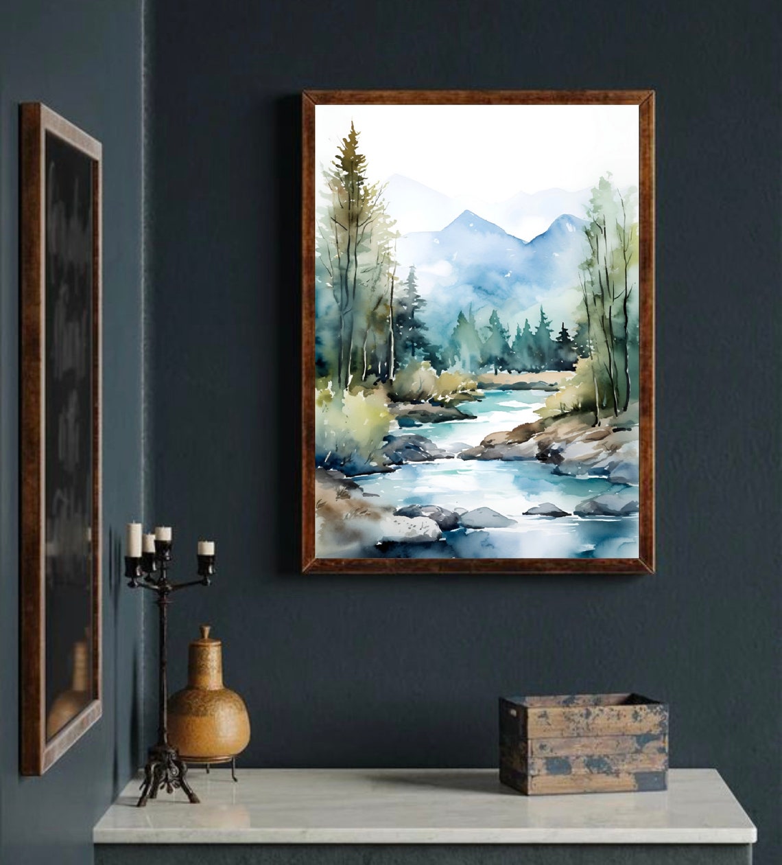Rocky Mountain Pine River Watercolor Wilderness Landscape Art Poster - Image 2