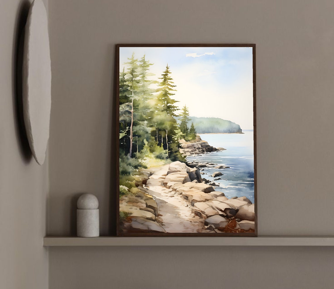 Pine Forest Path Rocky Lakeshore Calm Lake Watercolor Art Poster - Image 4