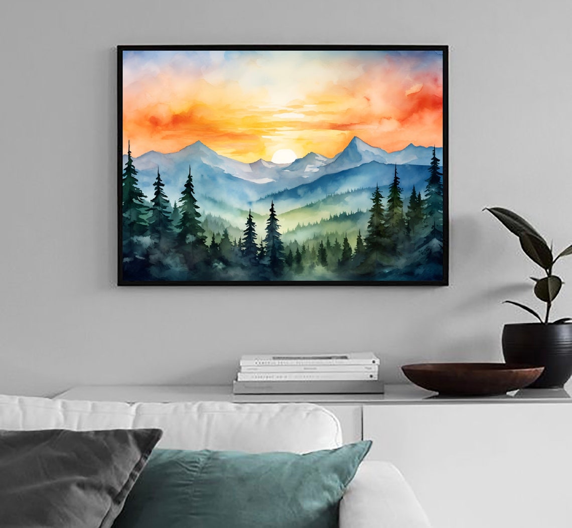 Rocky Mountain Sunrise Misty Pine Forest Peaks Watercolor Poster - Image 2