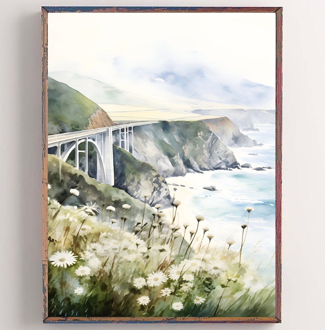 Bixby Bridge Big Sur California Coast Daisy Field Watercolor Poster