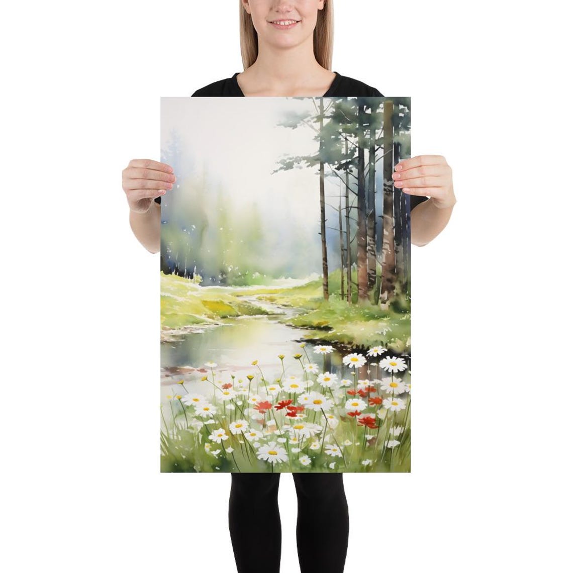 West Virginia Daisy Meadow Stream Pine Watercolor Floral Art Poster - Image 2