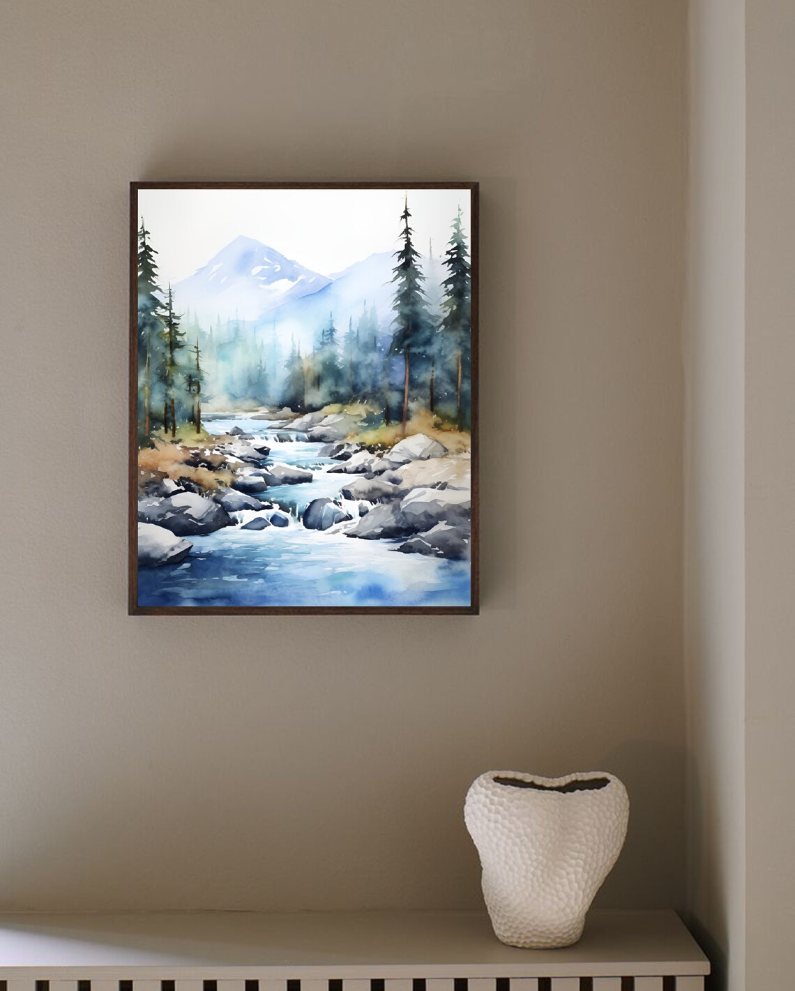 Rocky Mountain Stream Snowy Peaks Forest Watercolor Art Poster - Image 3