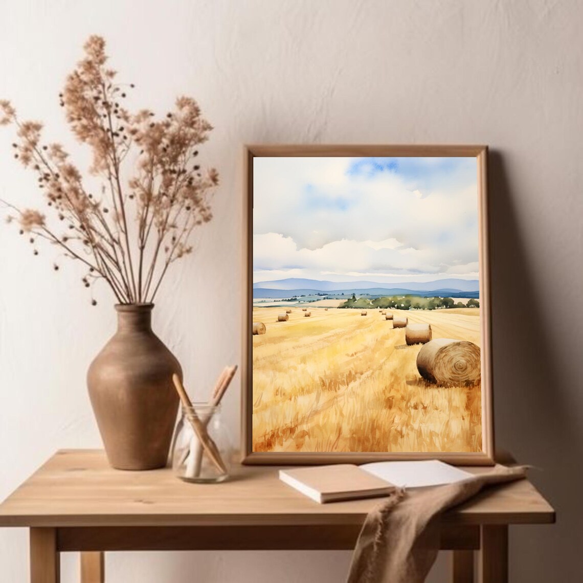 Tuscany Italy Wheat Field Hay Bales Harvest Watercolor Poster - Image 4