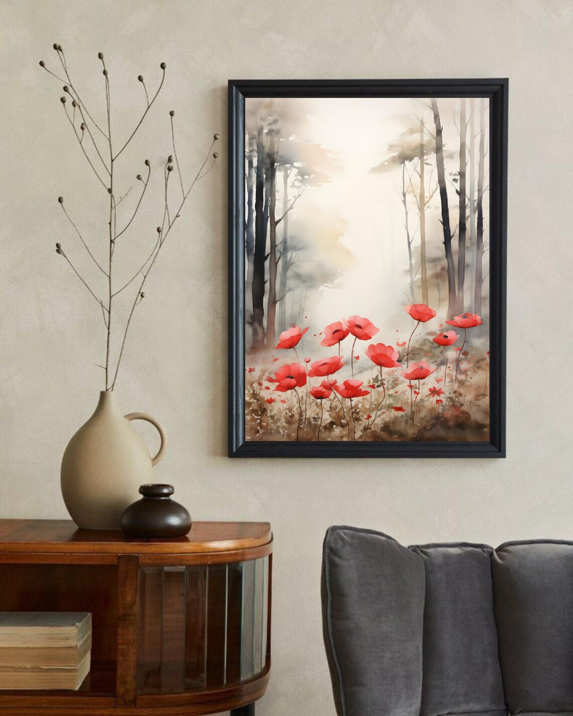 North Carolina Misty Forest Red Poppy Watercolor Floral Art Poster - Image 3