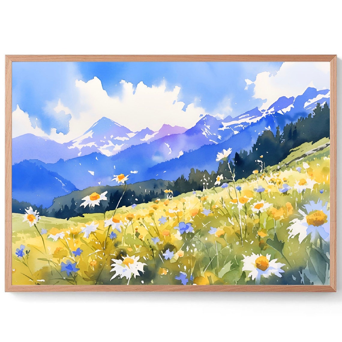 Swiss Alps Wildflower Meadow Daisies Peaks Watercolor Poster