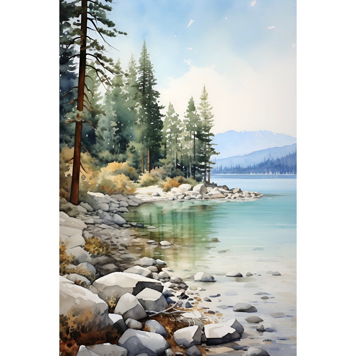 Rocky Pine Lakeshore Turquoise Water Mountain View Watercolor Poster