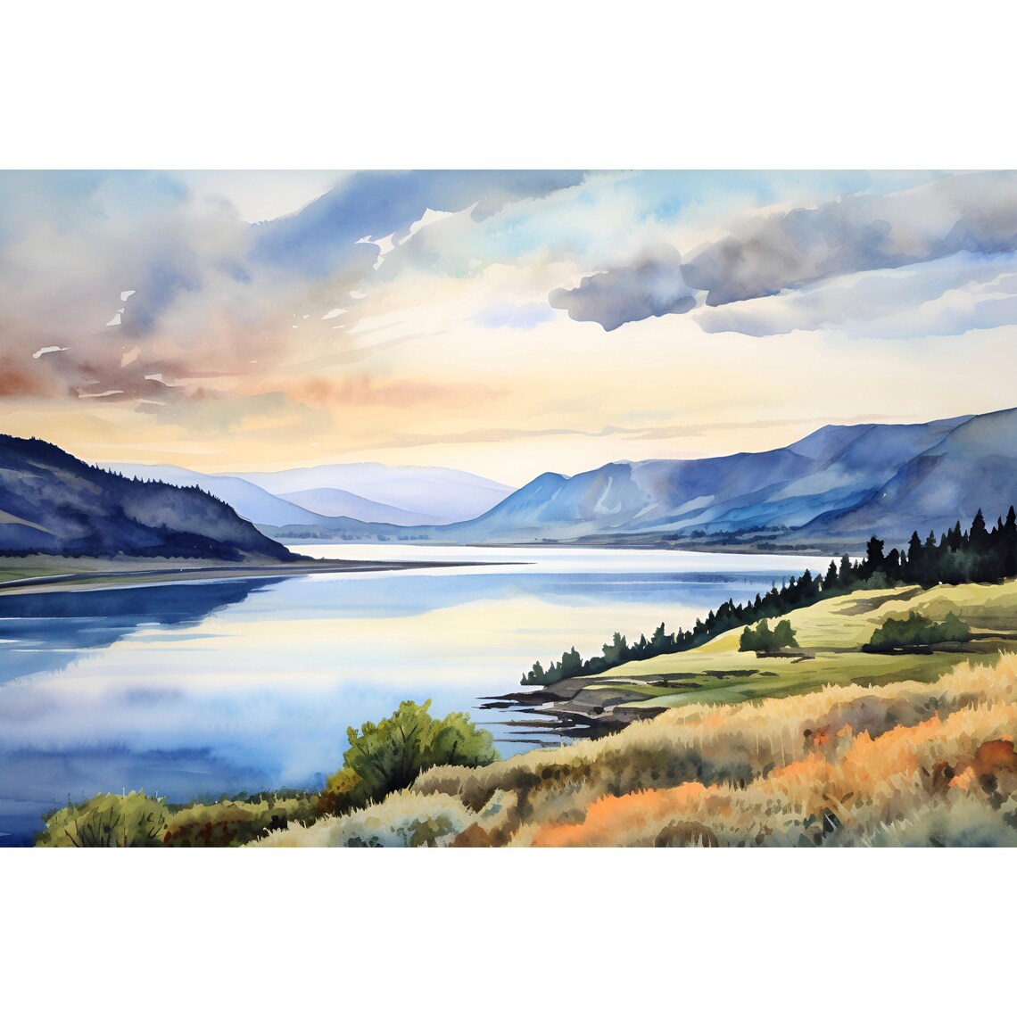Columbia River Oregon Sunset Valley Hills Sky Watercolor Poster