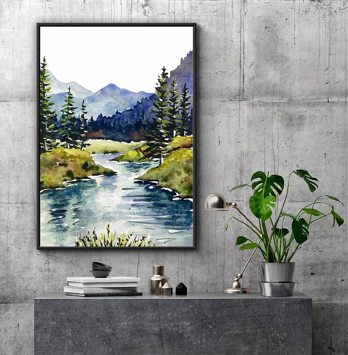 Mountain River Watercolor Mountains Forest Art Print - Image 4