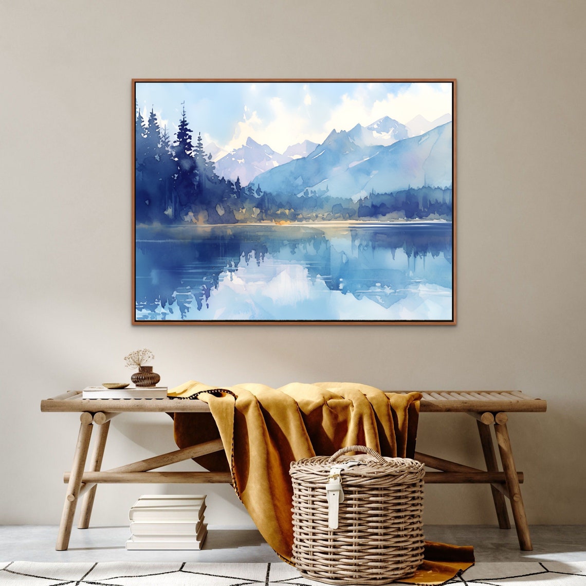 Blue Misty Mountain Lake Reflection Pine Forest Watercolor Poster - Image 3