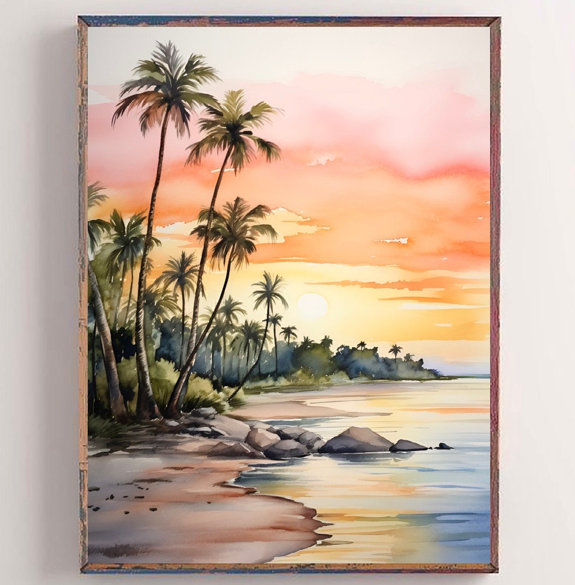 Hollywood Beach Florida Palm Trees Pink Sunset Watercolor Poster