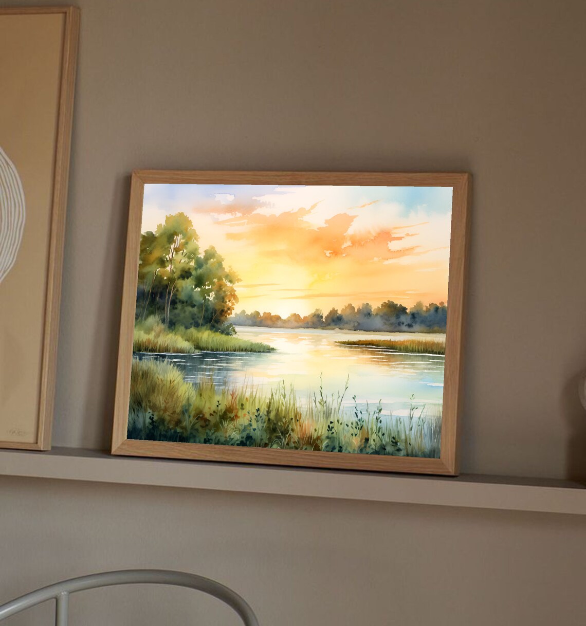 Kansas River Watercolor Sunset Landscape Art Print - Image 4