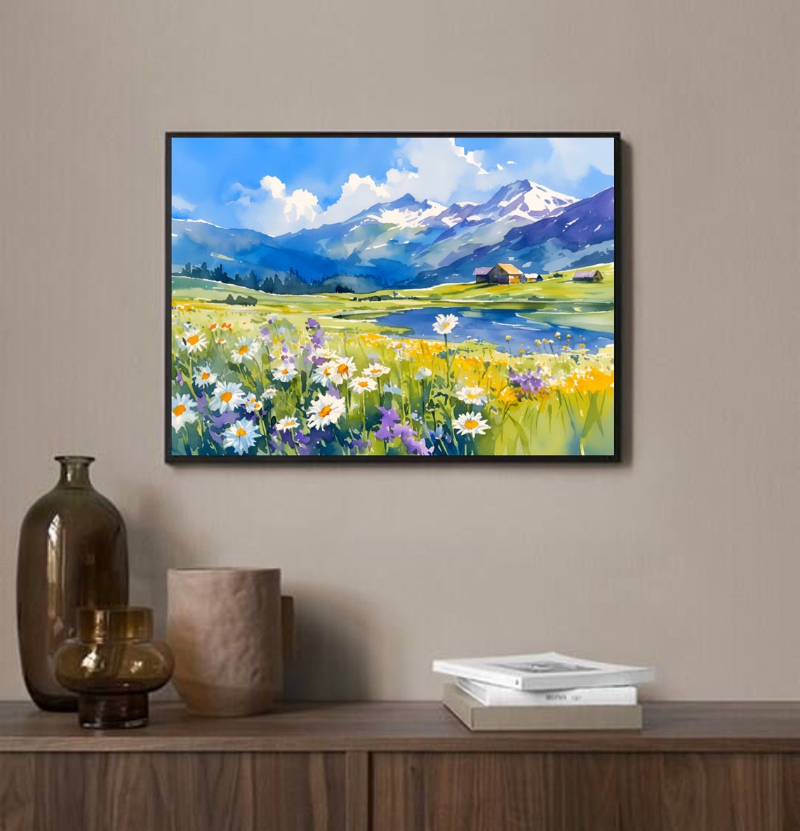 Pennine Alps Daisy Meadow Lake Cabins Watercolor Mountain Art Poster - Image 3