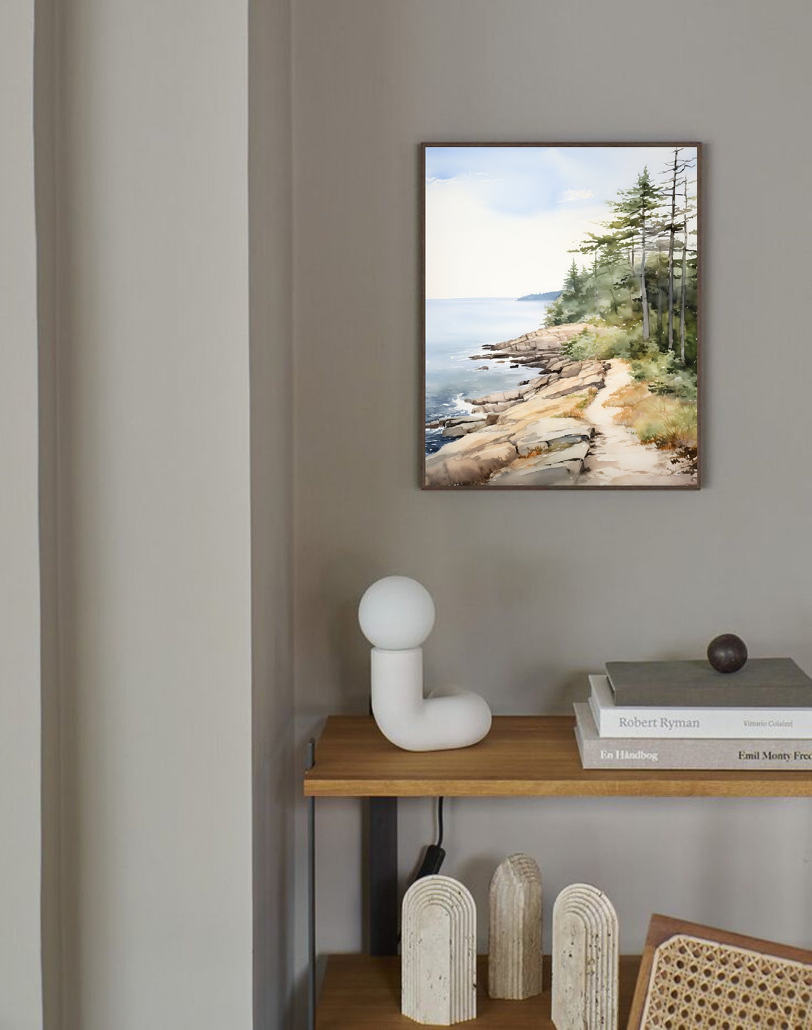 Crystal Lake Rocky Shore Pine Forest Watercolor Michigan Poster - Image 2