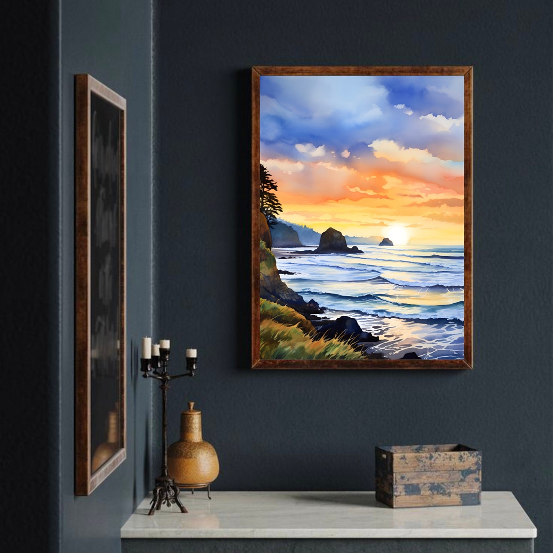 Cannon Beach Oregon Sunset Ocean Waves Coast Watercolor Poster - Image 4