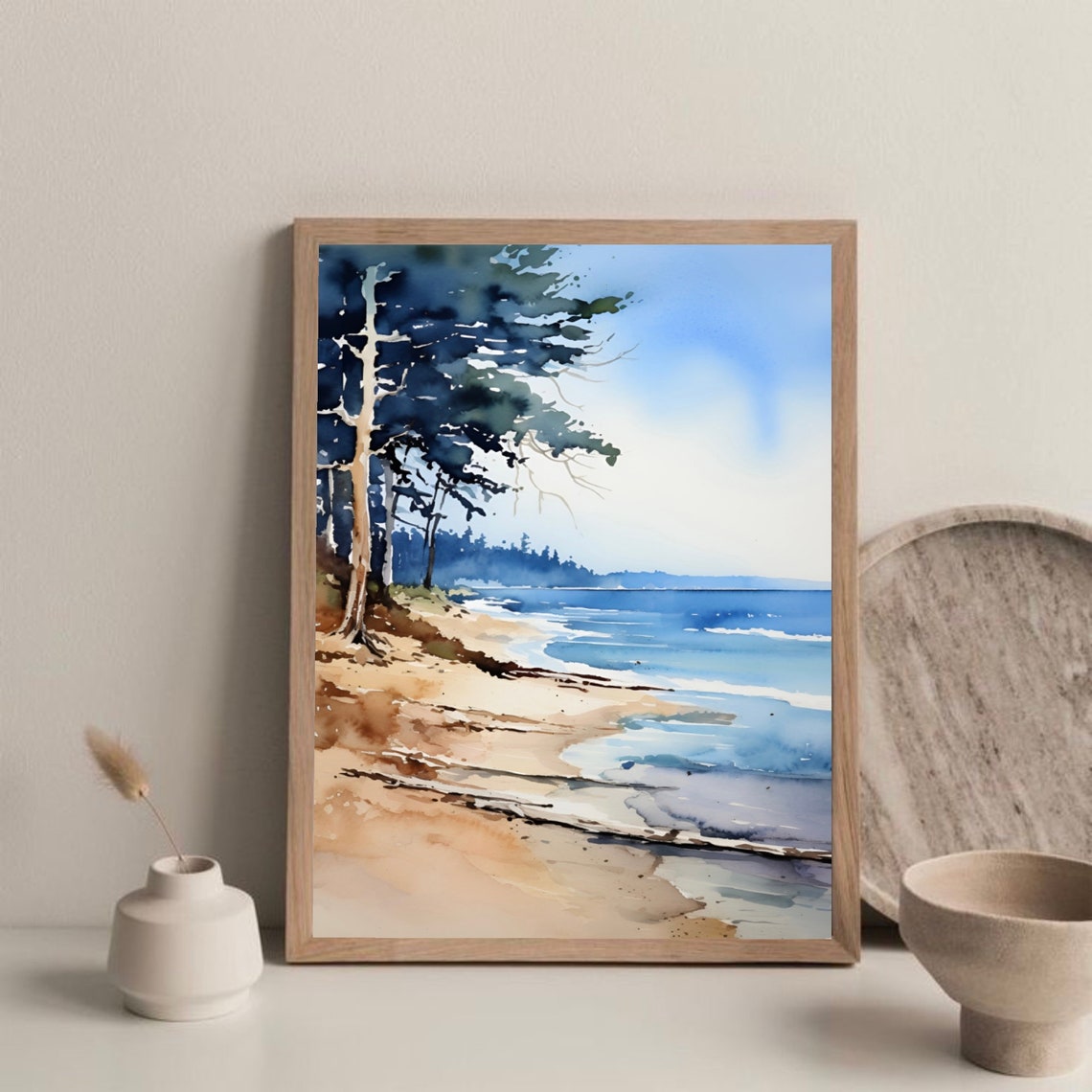 Sandy Pine Beach Ocean Waves Tall Trees Coastal Watercolor Art Poster - Image 3