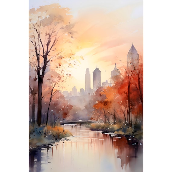 Central Park Sunset Skyline Autumn Watercolor New York Art Poster