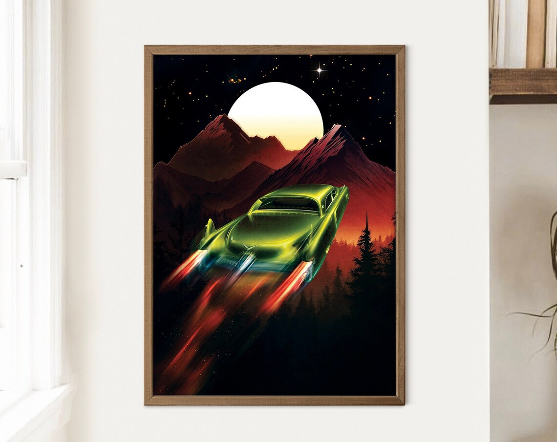 Skybound Flying Classic Car Night Mountains Glowing Moon Poster