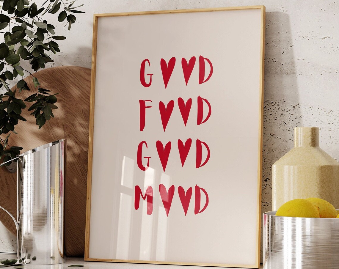Good Food Good Mood Red Handwritten Brush Kitchen Quote Wall Art