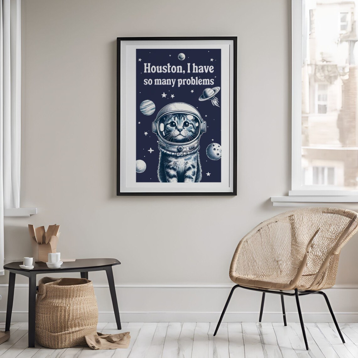 Houston I Have So Many Problems Funny Astronaut Cat Poster Floating in Space - Image 2