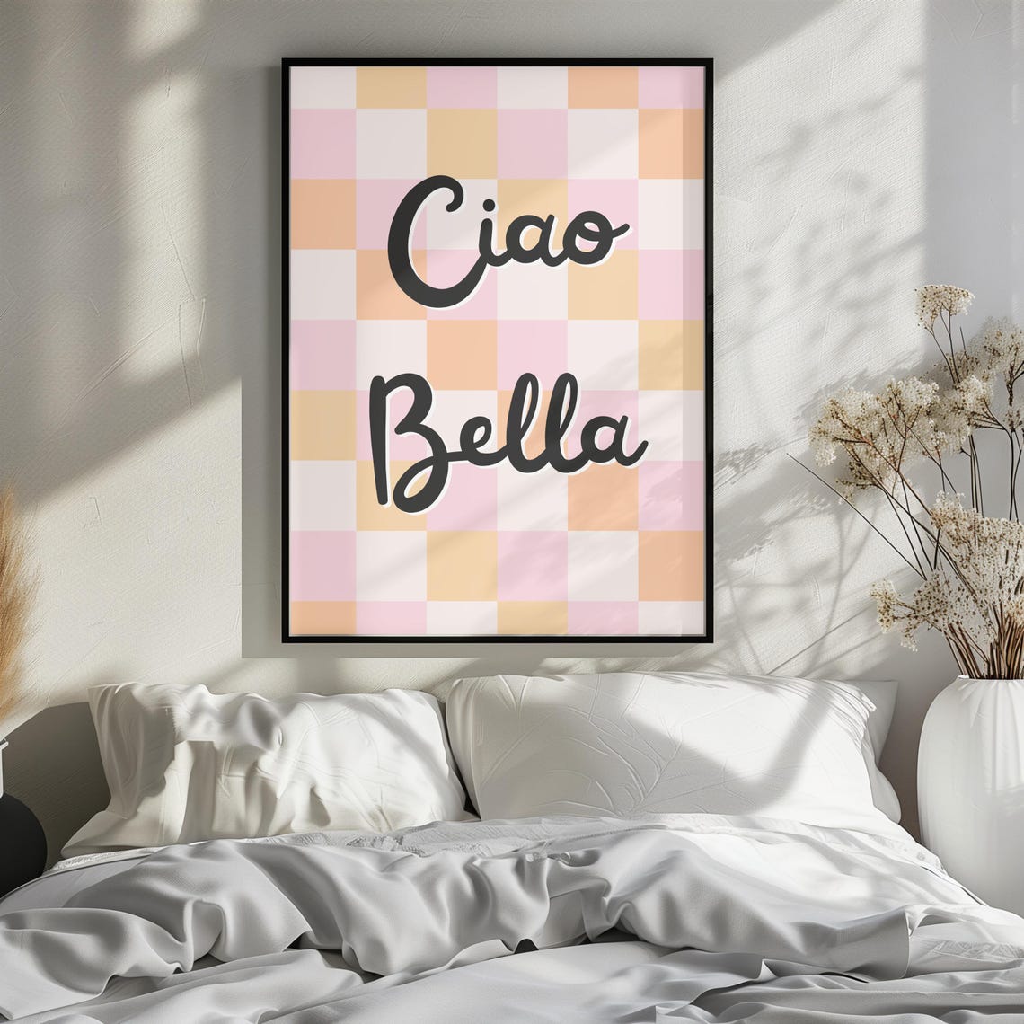 Ciao Bella Checkered Poster in Pink and Peach Retro Typography - Image 3