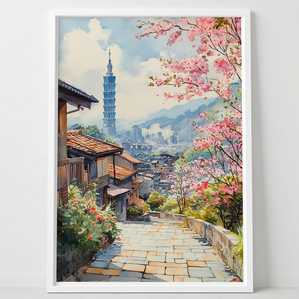 Taipei 101 Watercolor Poster Hillside Village Cherry Blossom Art