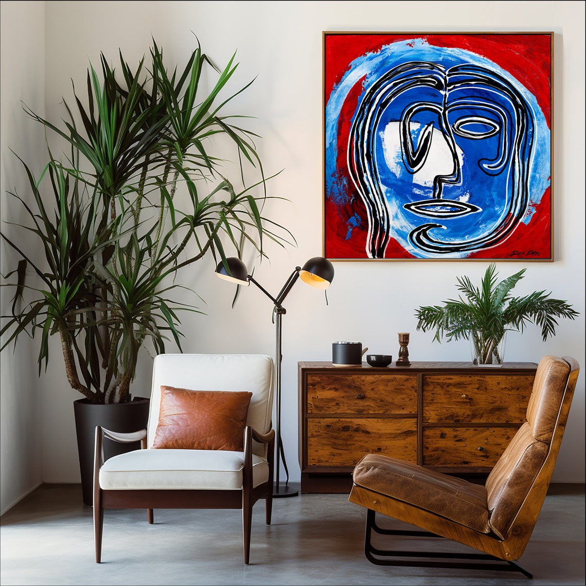 Bold Blue Face Line Art on a Red Background Modern Abstract Poster - Image 4