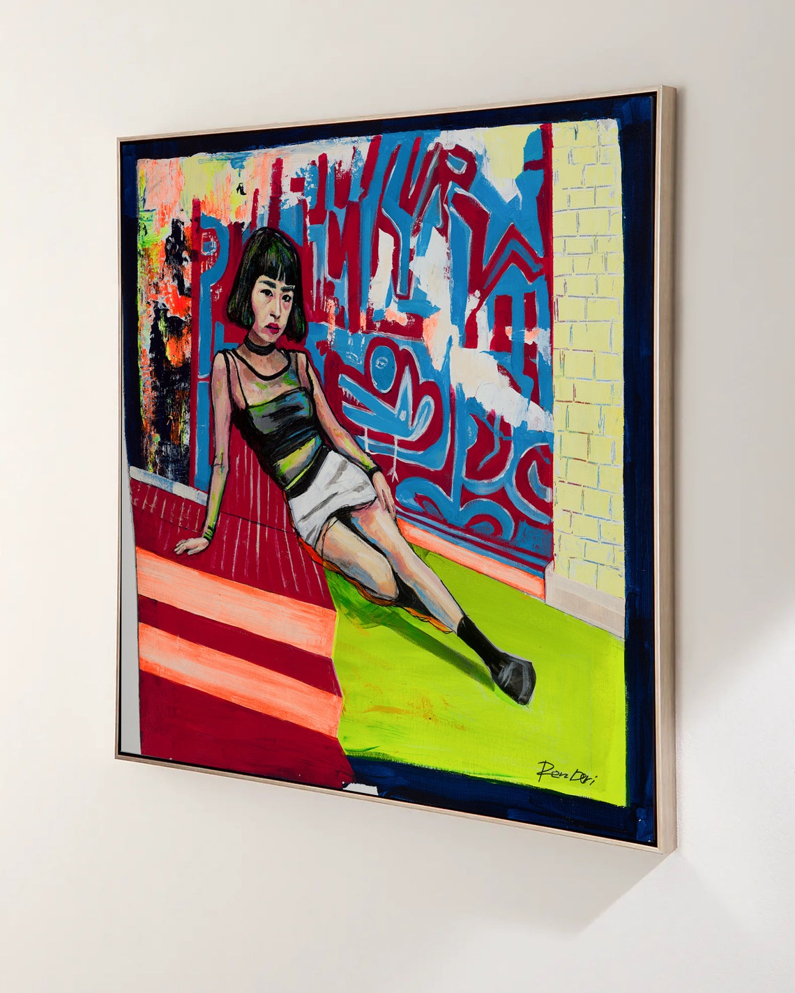 Pop Art Woman on Red Stairs Against Graffiti Wall Figurative Poster - Image 5