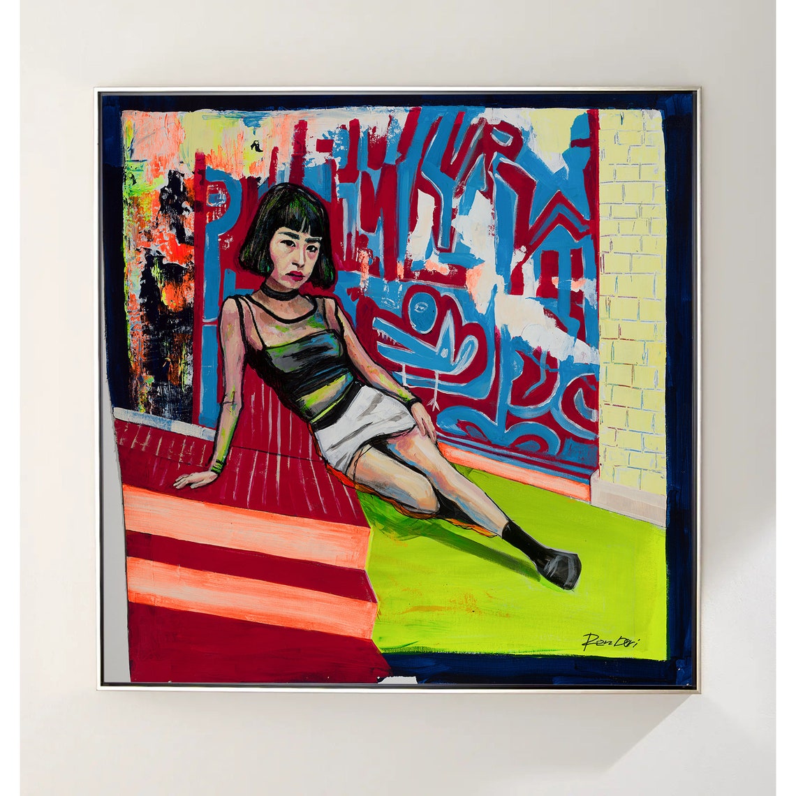 Pop Art Woman on Red Stairs Against Graffiti Wall Figurative Poster - Image 4
