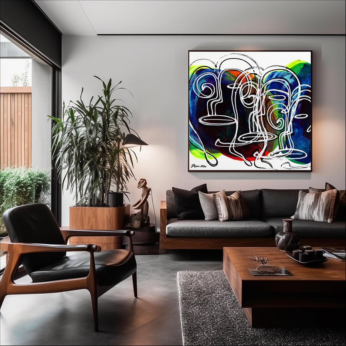 Overlapping White Line Faces on a Colorful Background Art Poster - Image 3