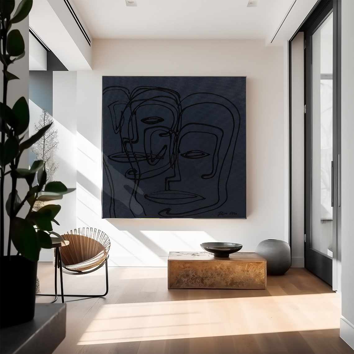 Framed Twin Line Art Faces on Dark Navy Minimalist Abstract Poster - Image 5