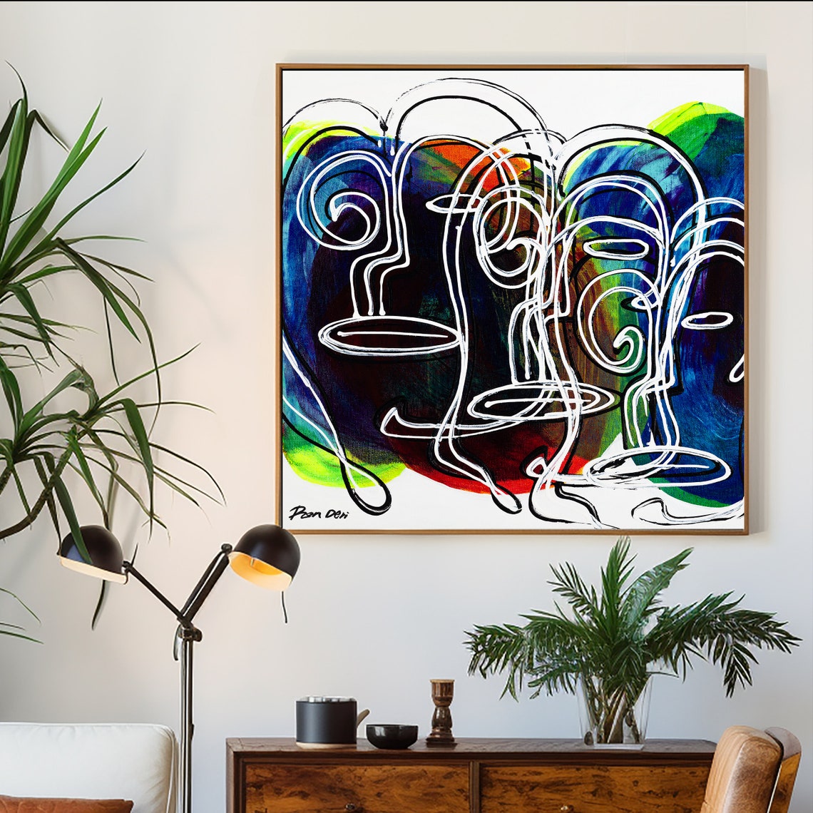 Overlapping White Line Faces on a Colorful Background Art Poster - Image 5