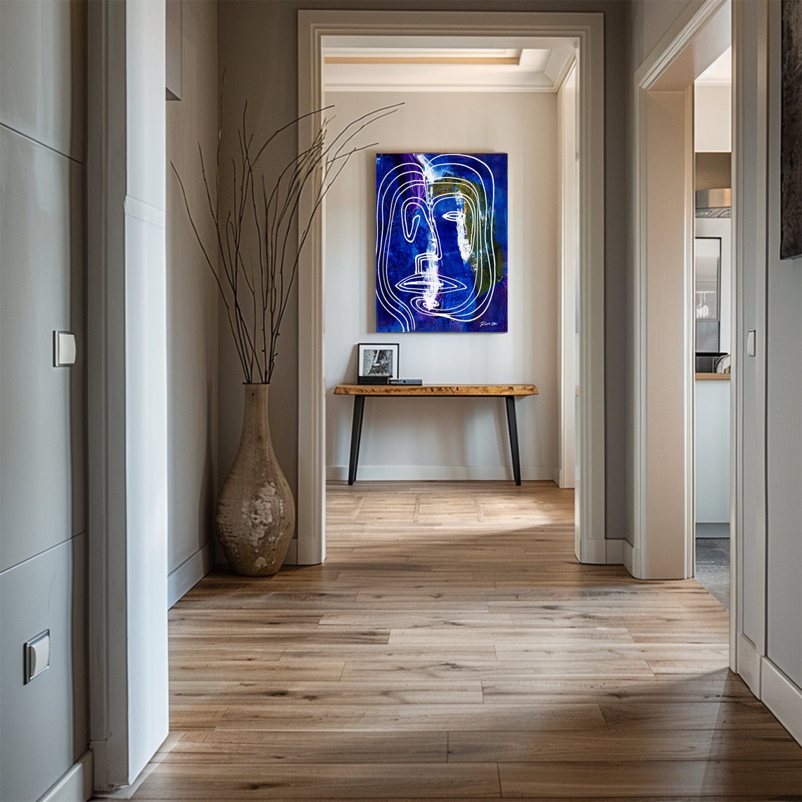 Blue Watercolor Line Face Vertical Modern Abstract Portrait Poster - Image 4